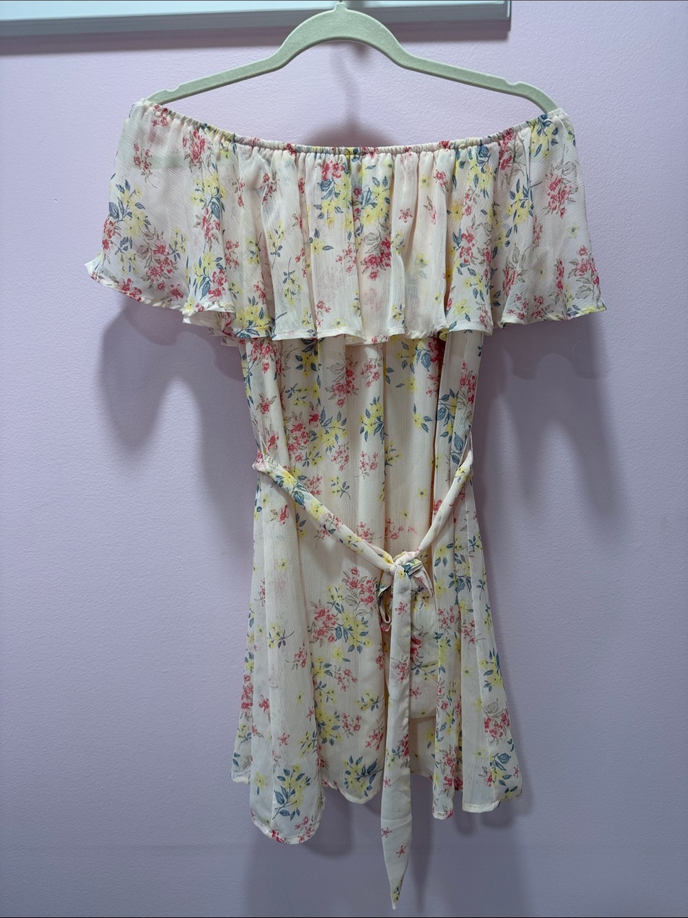 Off-Shoulder Floral Ruffle Dress in pastel pink with Pink & Blue Flowers